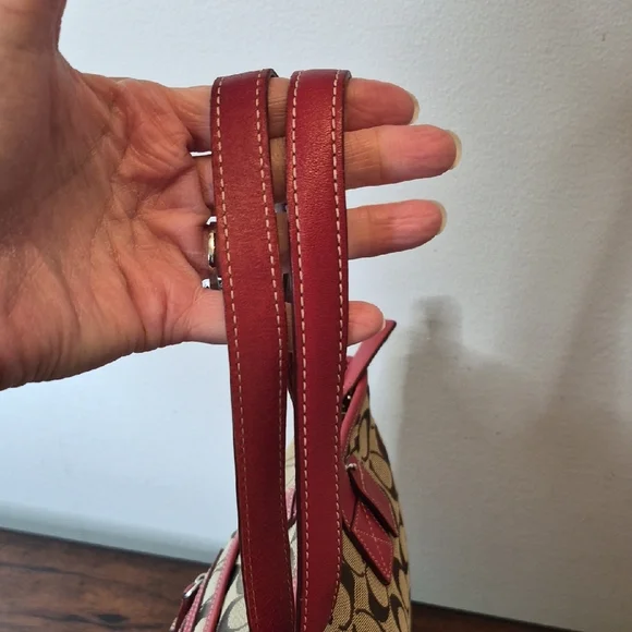 Coach Tan Signature Canvas Tote with Red Leather Trim Vintage K1J-6082 - Picture 14 of 15